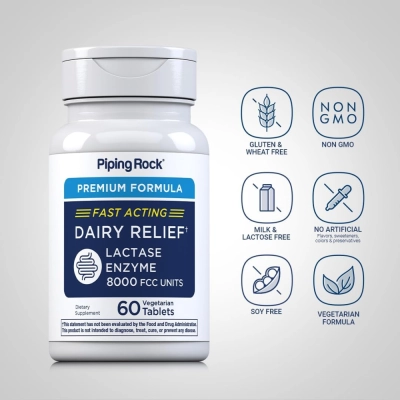Enzima Lactase 8.000 FCC, 60 Comprimidos, Piping Rock