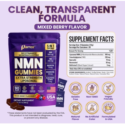 NMN Lipossomal 500mg,  5 em 1 com TMG , Quercetina e Resveratrol, 90 Gomas, Parrox