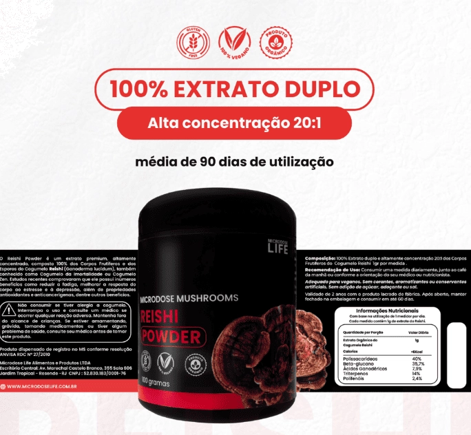 Extrato Puro e Concentrado, Cogumelo Reishi Powder, 100g em Pó, Microdose Life