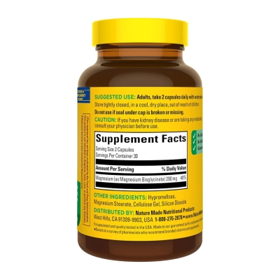 Magnésio Glicinato 200mg, 60 Cápsulas, Nature Made