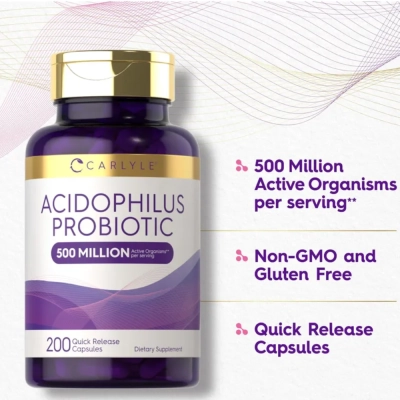 Acidophilus 500 Million UFCs, Saúde Intestinal, Imunidade e Digestão, 200 Cápsulas, Carlyle