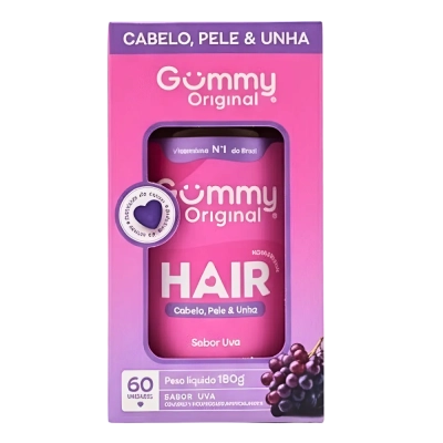 Gummy Hair, Cabelo, pele e unha, 60 Gomas Sabor Uva, 180g