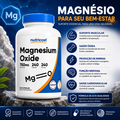 Magnésio Óxido 750mg, Energia, Saúde Muscular e Bem-Estar Diário, 240 Cápsulas, Nutricost
