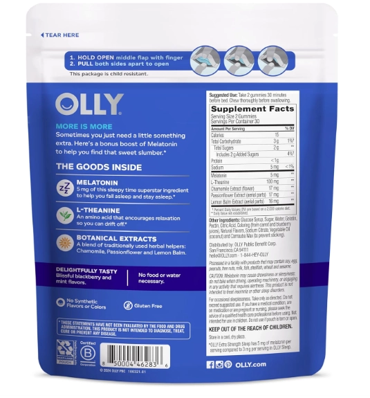 Extra Strength Sleep, Melatonina 5mg, com L-teanina, 60 Gomas Sabor Blackberry, OLLY
