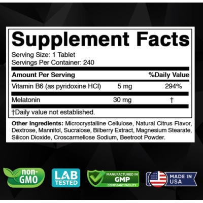 Melatonina 30mg Com Vitamina B6, 240 Comprimidos Sabor Cítrico, Vitabod