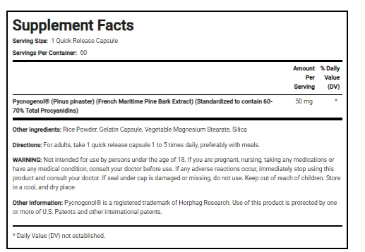 Pycnogenol 50mg, 60 Cápsulas, PipingRock