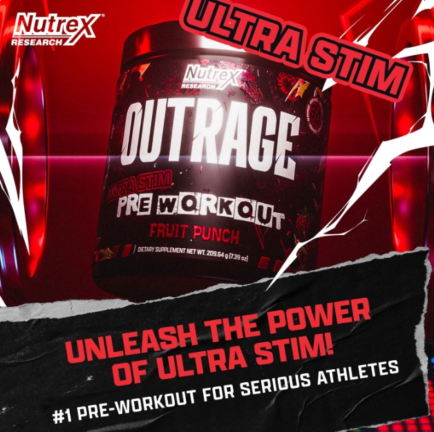 Pré Treino Outrage, Com Cafeína, L-Citrulina, Beta-Alanina e Creatina, Ultra Stim, Sabores, Nutrex