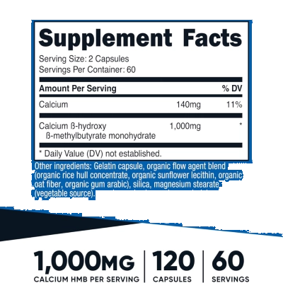 HMB (Beta-Hidroxi Beta-Metilbutirato) 1000 mg, 120 Cápsulas - Nutricost 