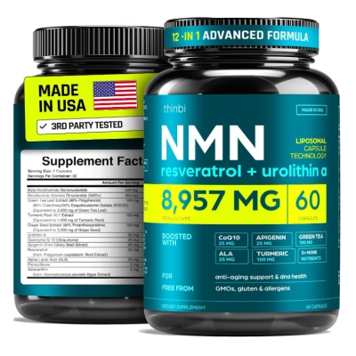 NAD+  8,957mg Lipossomal Com Resveratrol e Urolitina A, 60 Cápsulas, Thinbi