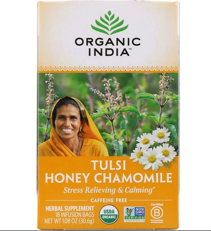Chá (Tulsi, Camomila com Mel, Alívio e Amenização do Estresse)Sem Cafeína, 18 Saquinhos de Chá, Organic India