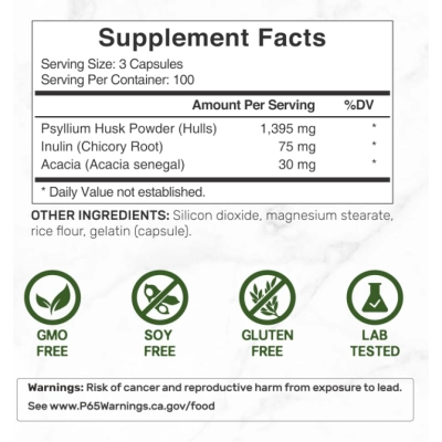 Psyllium Husk 1500mg, Complexo de Inulina e Acácia, 300 Cápsulas, Deal Supplement