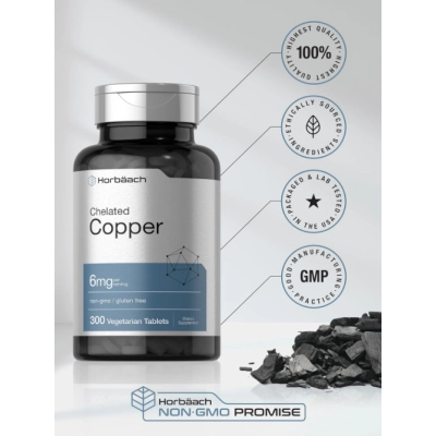 Chelated Copper, Cobre Quelatado 6mg, 300 Comprimidos, Horbäach