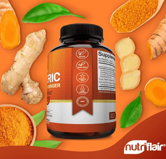 Cúrcuma Premium 2250mg, Turmeric com BioPerine, Ginger e  Black Pepper, 180 Cápsulas, NutriFlair