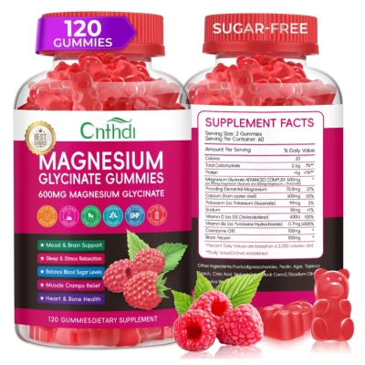 Magnésio Glicinato 600mg, com L-treonato, Groselha Preta, Cálcio e Vitamina B6,  120 Gomas Sabor Framboesa, CNFHDI