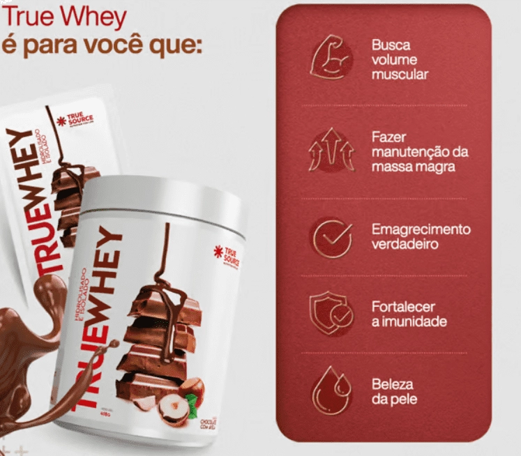 True Whey, Hidrolisado e Isolado, 837g, Sabor Chocolate com Avelã, True Source