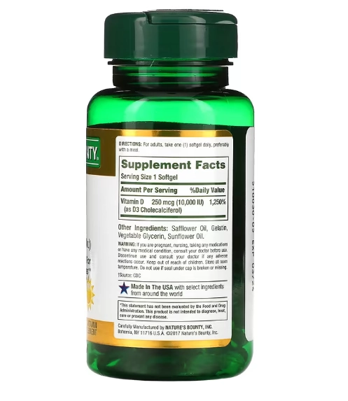 Vitamina D3 250mcg (10.000IU), 72 Cápsulas de liberação rápida, Nature's Bounty