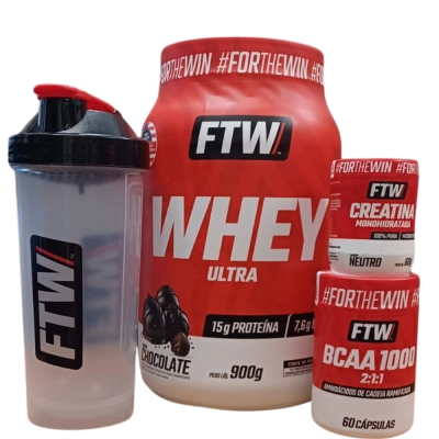 Kit Whey Ultra, Sabores + BCAA 60 Cápsulas + Creatina 60g + Coqueteleira, FTW