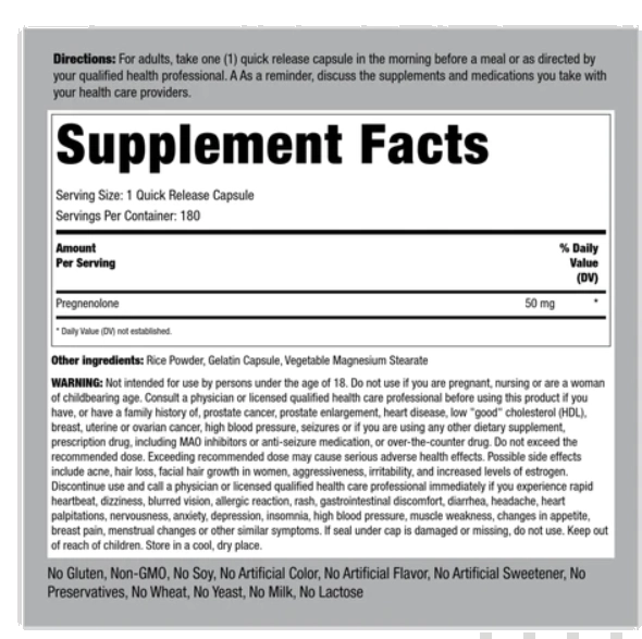 Pregnenolone 50mg, 180 Cápsulas de Rápida Absorção, Pipingrock