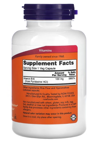 Vitamina B6, 100mg, 100 Cápsulas, Now