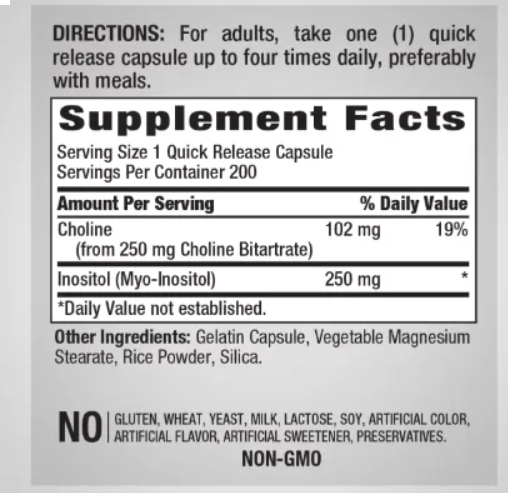 Colina Inositol, 500mg, 200 Cápsulas, Pipingrock