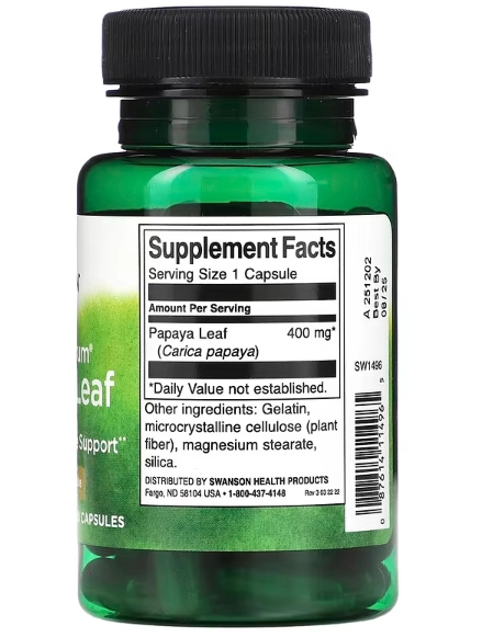 Papaya Leaf, Folha de Mamão de Espectro Total 400mg, 60 Cápsulas, Swanson