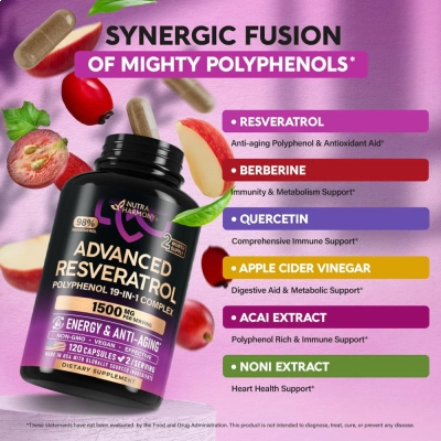 Advanced Resveratrol, 19 em 1, Complexo Polifenólico, 1500mg, 120 Cápsulas, Nutra Harmony