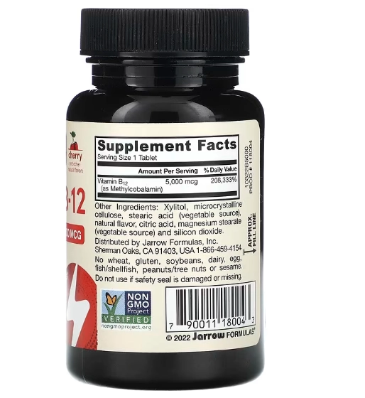 Vitamina Methyl B-12 Força Máxima, 5000mcg, 60 Comprimidos Sabor Cereja, Jarrow Formulas