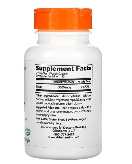 Biotina, 5000mcg, 120 Cápsulas, Doctor's Best
