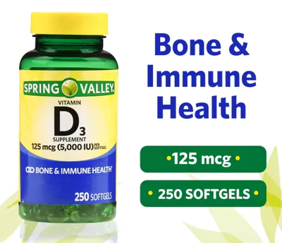 Vitamina D3 5000IU, 250 Cápsulas, Spring Valley