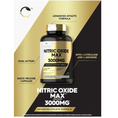 Nitric Oxide Max, Óxido Nítrico 3000mg com L-Arginina &amp; L-Citrulina, 120 Cápsulas, Carlyle 