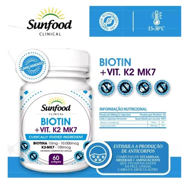 Biotina com Vitamina K2 Mk7, 60 Capsulas, Sunfood