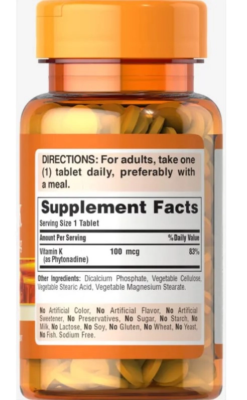 Vitamina K, 100mg, 100 comprimidos, Puritans Pride