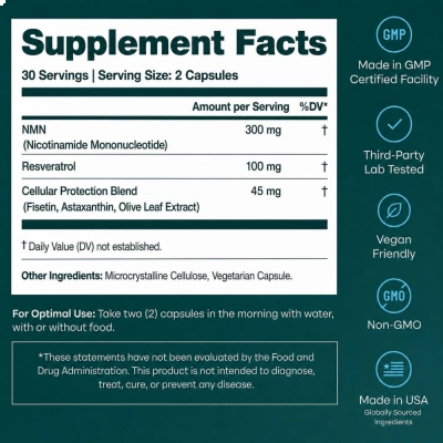 NMN Supplement 5 em 1 +Resveratrol, NAD+ e Suporte Celular, 60 Cápsulas, Etta Vita