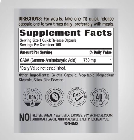 Gaba, 750mg, 100 Cápsulas, PipingRock