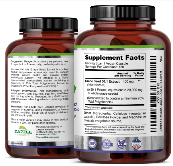 Grape Seed Extract, Semente de Uva 20.000mg, 180 Cápsulas,  Zazzee