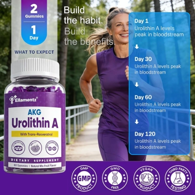 AKG, Urolithin A, Whit Trans - Resveratrol, Natural Mix Fruit Flavor, 60 Gummies, Ellamentz