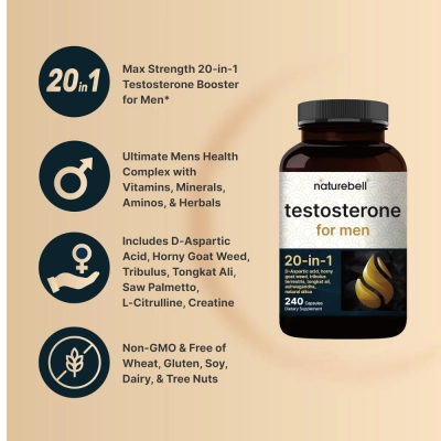 Testosterone Booster, Suporte à Testosterona, 20 em 1, 240 Cápsulas, Naturebell