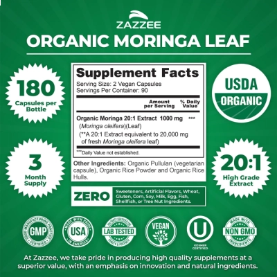 Moringa Orgânica, Superalimento para Energia, Imunidade e Equilíbrio do Organismo, 180 Cápsulas Veganas, Zazzee