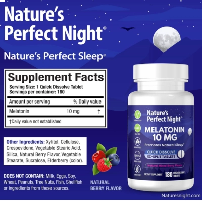 Melatonina 10mg de Alta Potência, 180 Comprimidos Sabor Frutas Vermelhas, Nature's Perfect Night