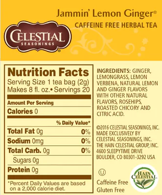 Chá de Ervas Sem Cafeína, Jammin' Limão e Gengibre, 20 saquinhos, 45g, Celestial Seasonings