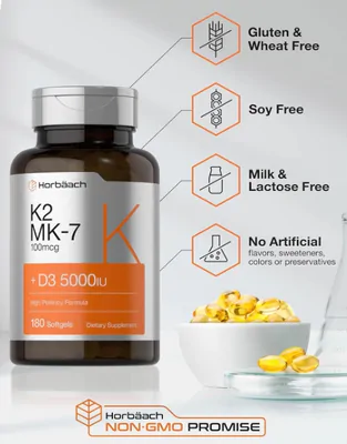 Vitamina D3 5000UI, K2 MK-7 100mcg, 180 Cápsulas, Horbaach