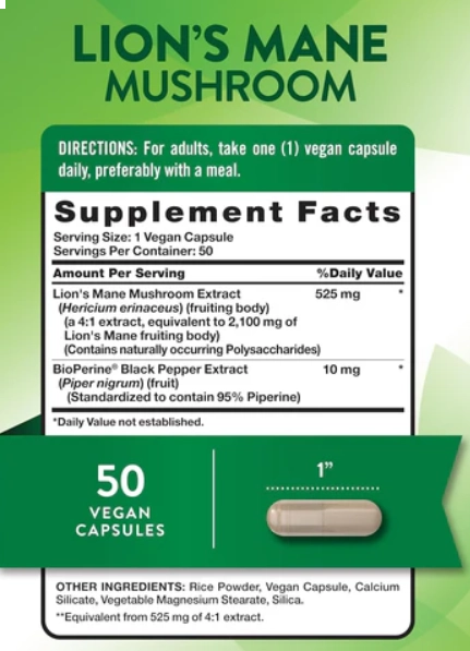 Lion's Mane, Juba de Leão, 2100mg, 50 Cápsulas, Nature's Truth