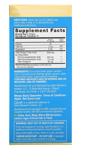 Ultra Ômega-3, Óleo de Peixe 1000mg, 180 Mini Cápsulas Sabor Limão, Qunol