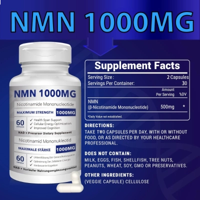 NMN (beta-nicotinamida mononucleotídeo), 1000mg, 60 Cápsulas - SRZR