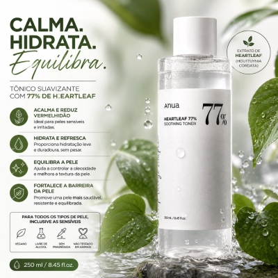 Tônico Calmante Heartleaf 77%, Hidratação e Controle da Oleosidade, 250ml, Anua