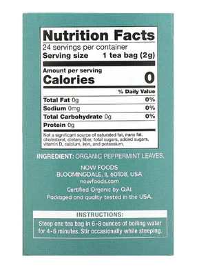 Chá Orgânico de Hortelã-Pimenta, Sem Cafeína, 24 Saquinhos, 48g, Now