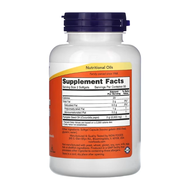 Pumpkin Seed Oil (Óleo da Semente de Abóbora), 1000mg, 100 Cápsulas, Now