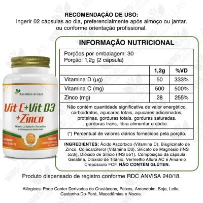 Vitamina C + D3 + Zinco, 60 Cápsulas, Flora Nativa Do Brasil