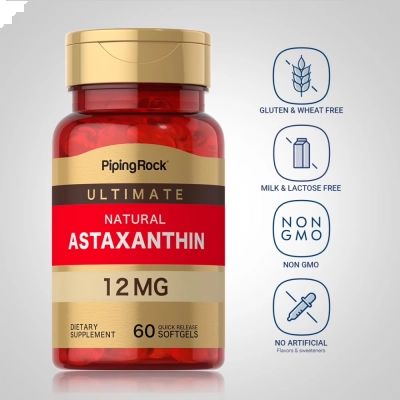 Suplemento de Astaxantina 12mg, Antioxidante e Saúde da Pele, 60 Softgels, Piping Rock