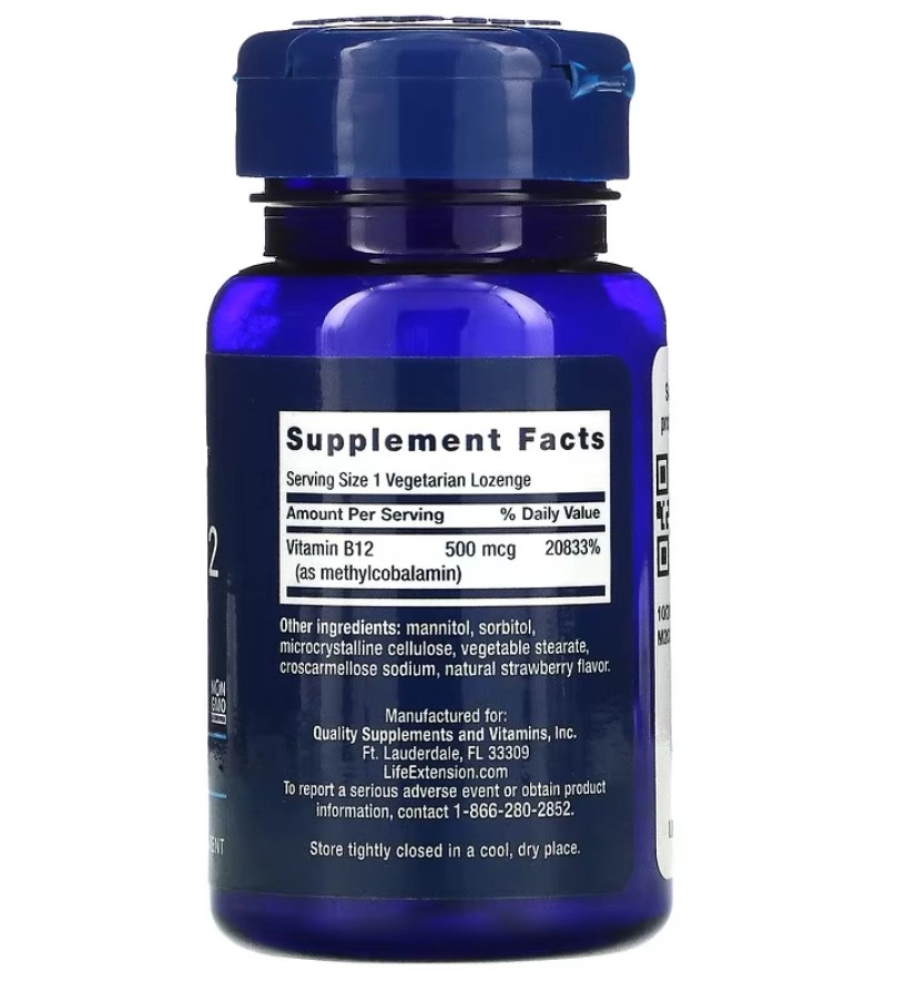 Vitamina B12, Metilcobalamina, 500 mcg, 100 Pastilhas, Life Extension